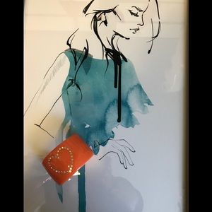 Coral orange cuff bracelet w/ crystal heart.